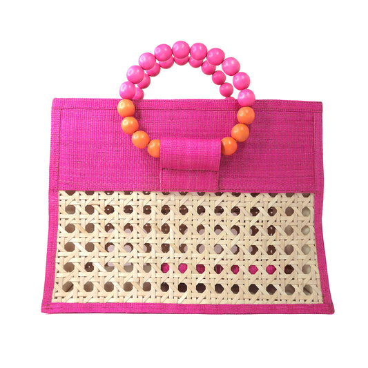 THE ASHLEY Pink & Orange Rattan Woven Tote Handbag