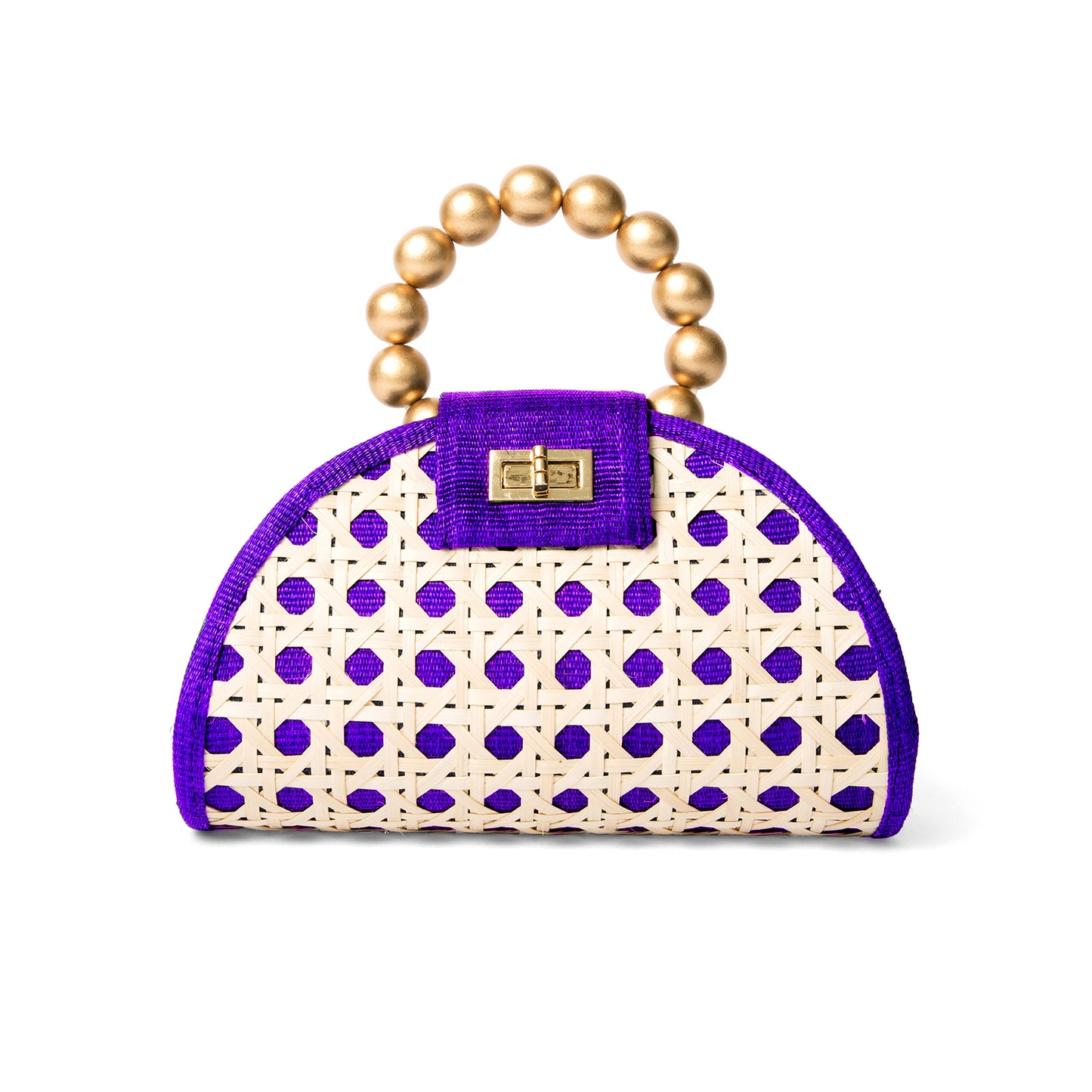 THE BELLA Purple & Gold Rattan Woven Handbag