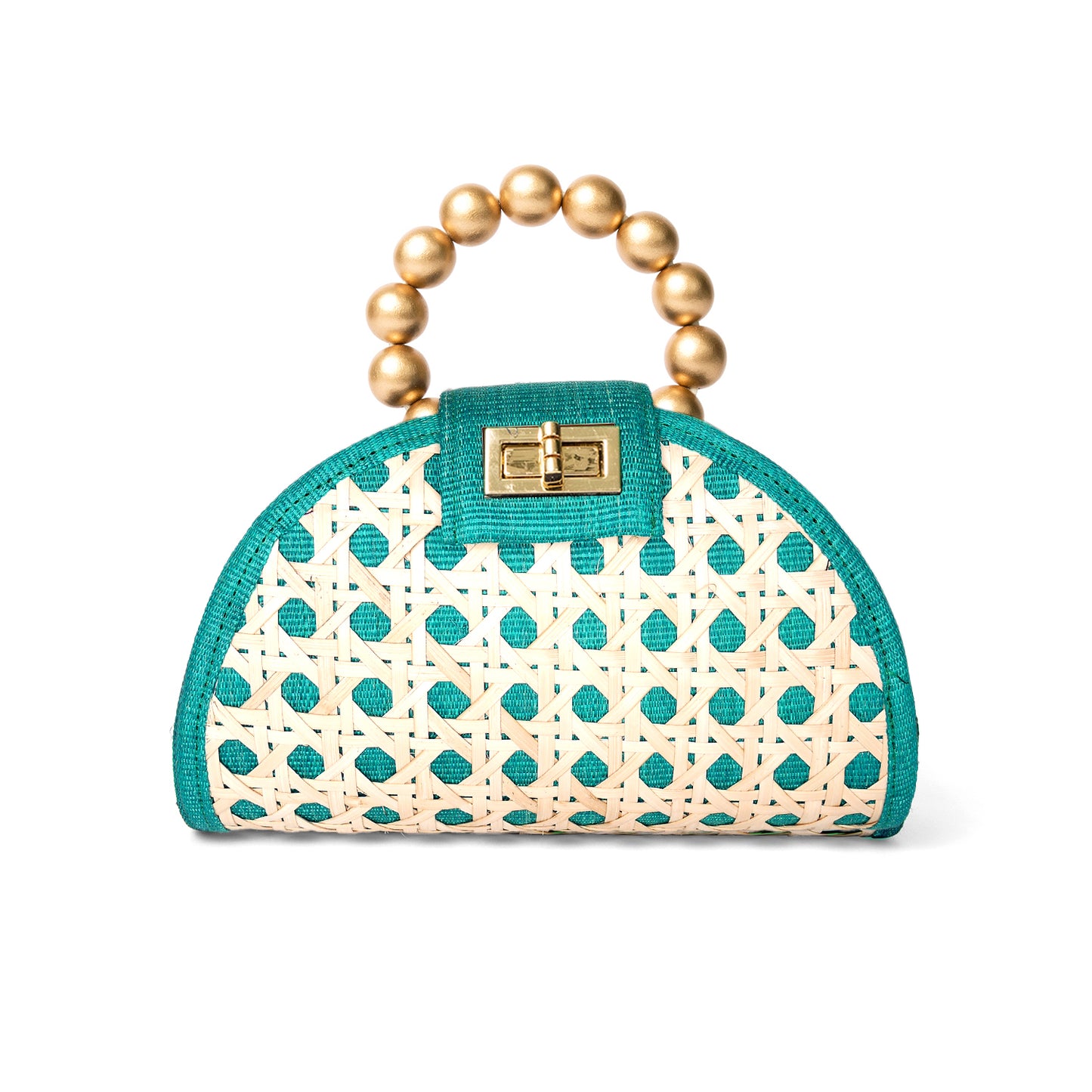 THE BELLA Teal Green & Gold Rattan Woven Handbag
