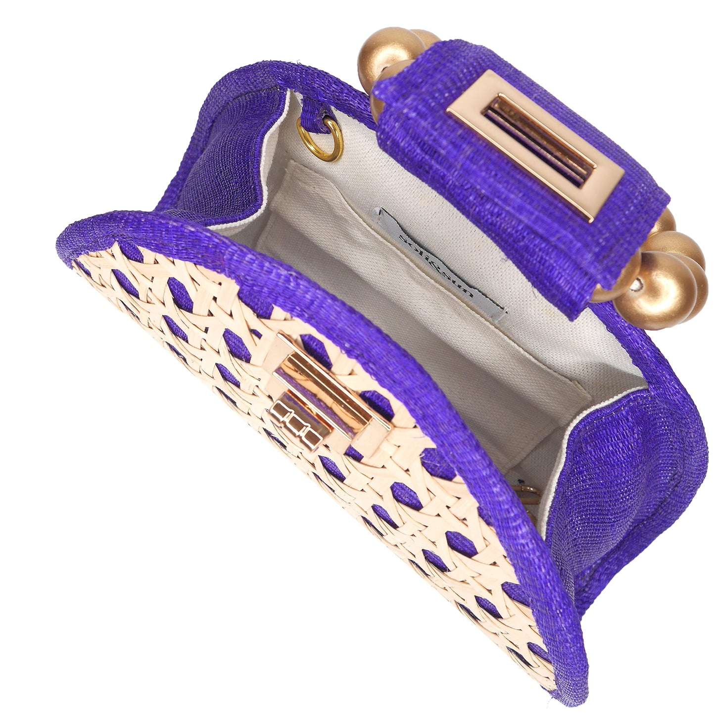 THE BELLA Purple & Gold Rattan Woven Handbag