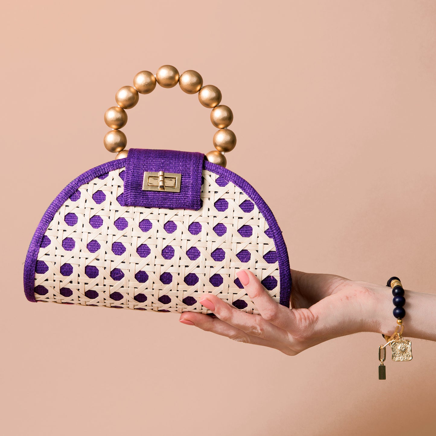 THE BELLA Purple & Gold Rattan Woven Handbag