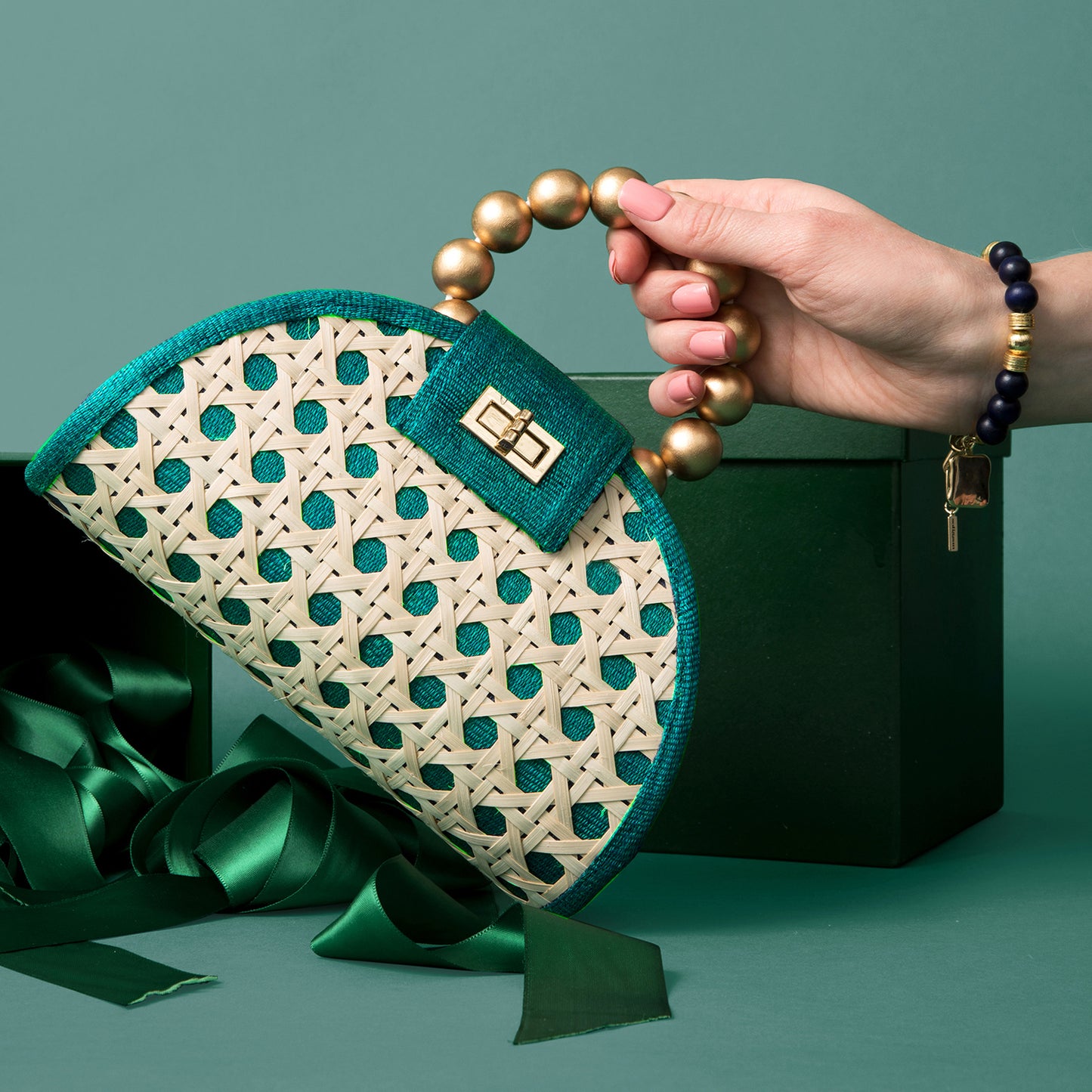 THE BELLA Teal Green & Gold Rattan Woven Handbag