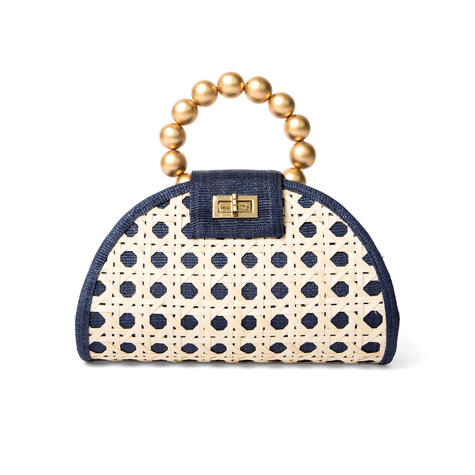 THE BELLA Blue & Gold Rattan Woven Handbag