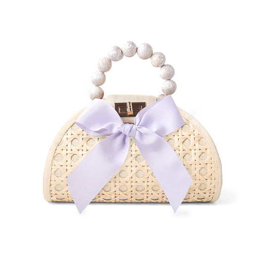 THE ARABELLA Cream, Lilac Bow Shell Inlay Bead Rattan Woven Handbag