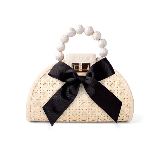 THE ARABELLA Cream, Black Bow Shell Inlay Bead Rattan Woven Handbag