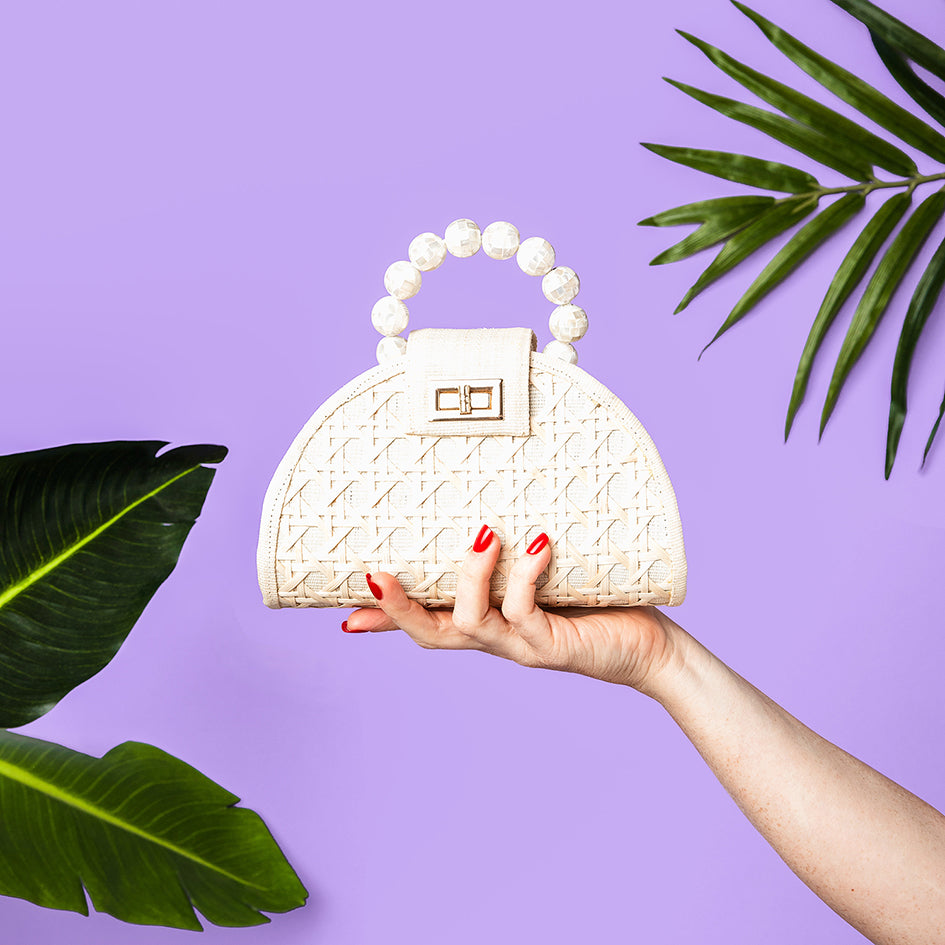 THE BELLA Cream & Shell Inlay Bead Rattan Woven Handbag