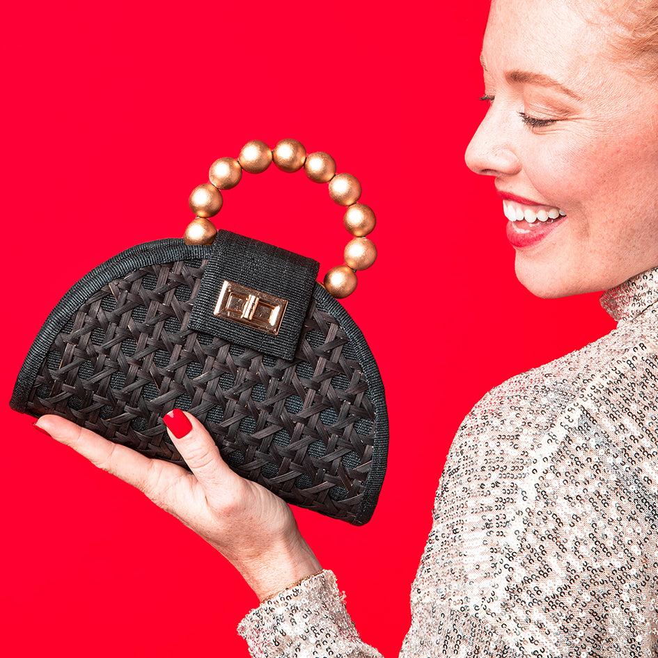 THE BELLA Black & Gold Rattan Woven Handbag