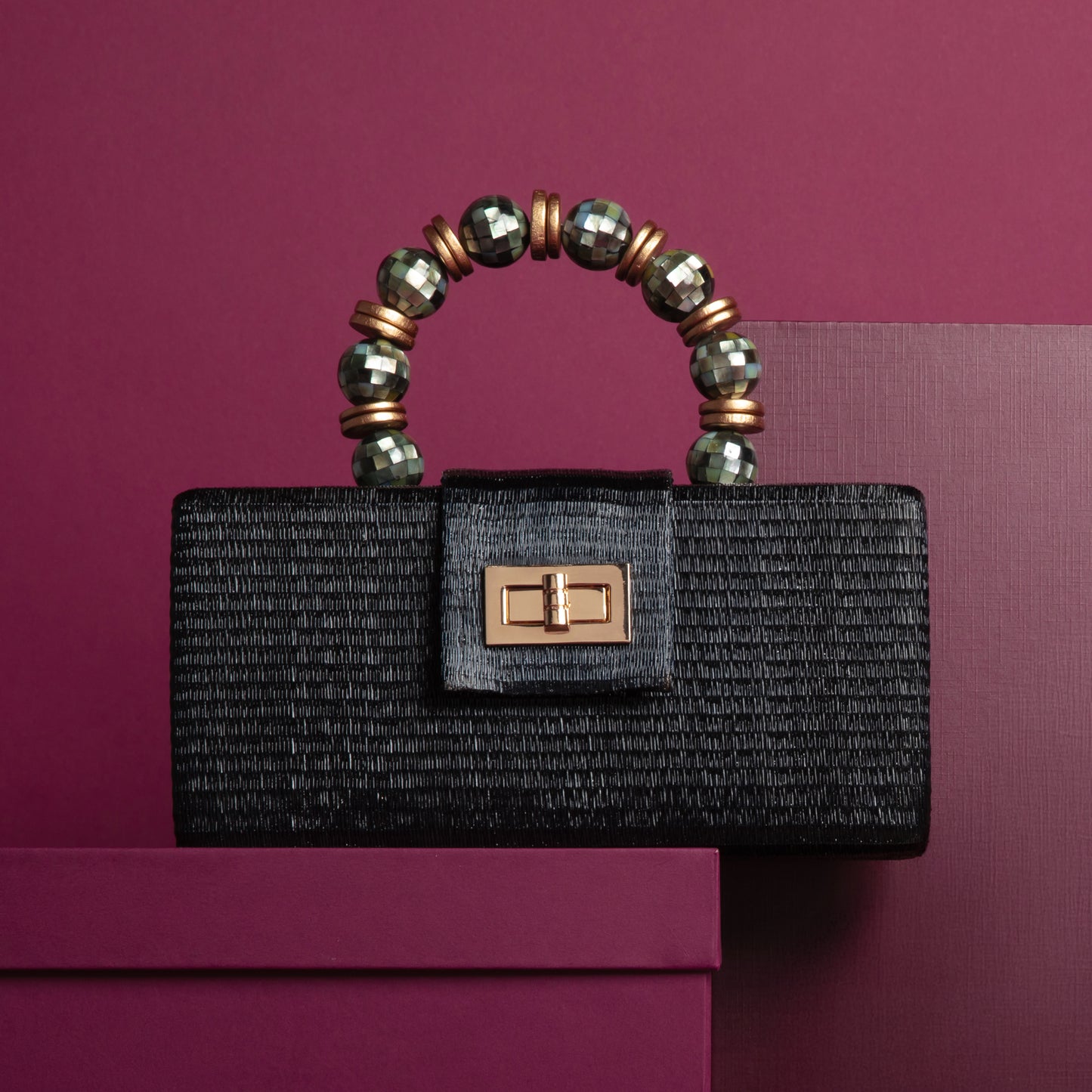 THE SERENA Black Clutch with Shell Inlay Bead Handle