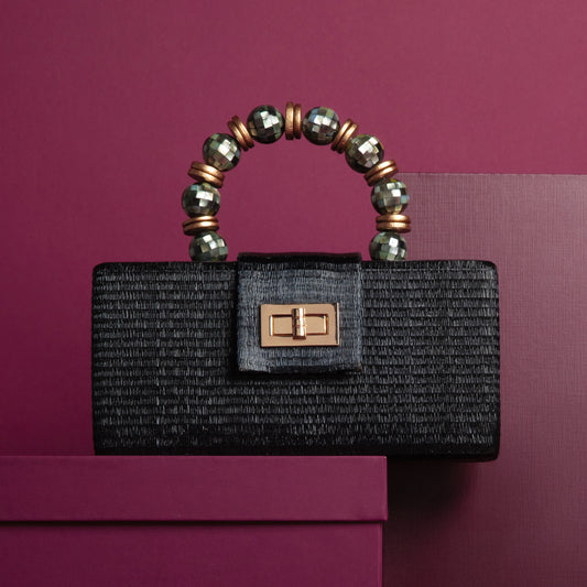 THE SERENA Black Clutch with Shell Inlay Bead Handle