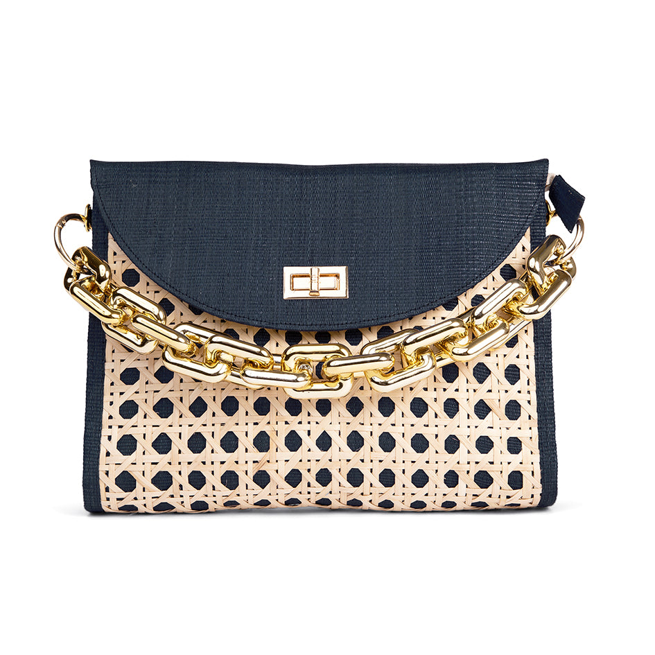 THE SOLEIL Black Rattan Woven Clutch With Large Gold Chain