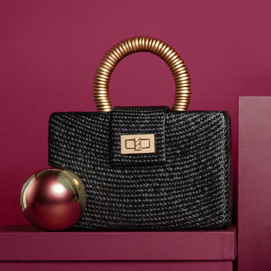 THE GRACIE Black & Gold Woven Buntal Straw Clutch Bag