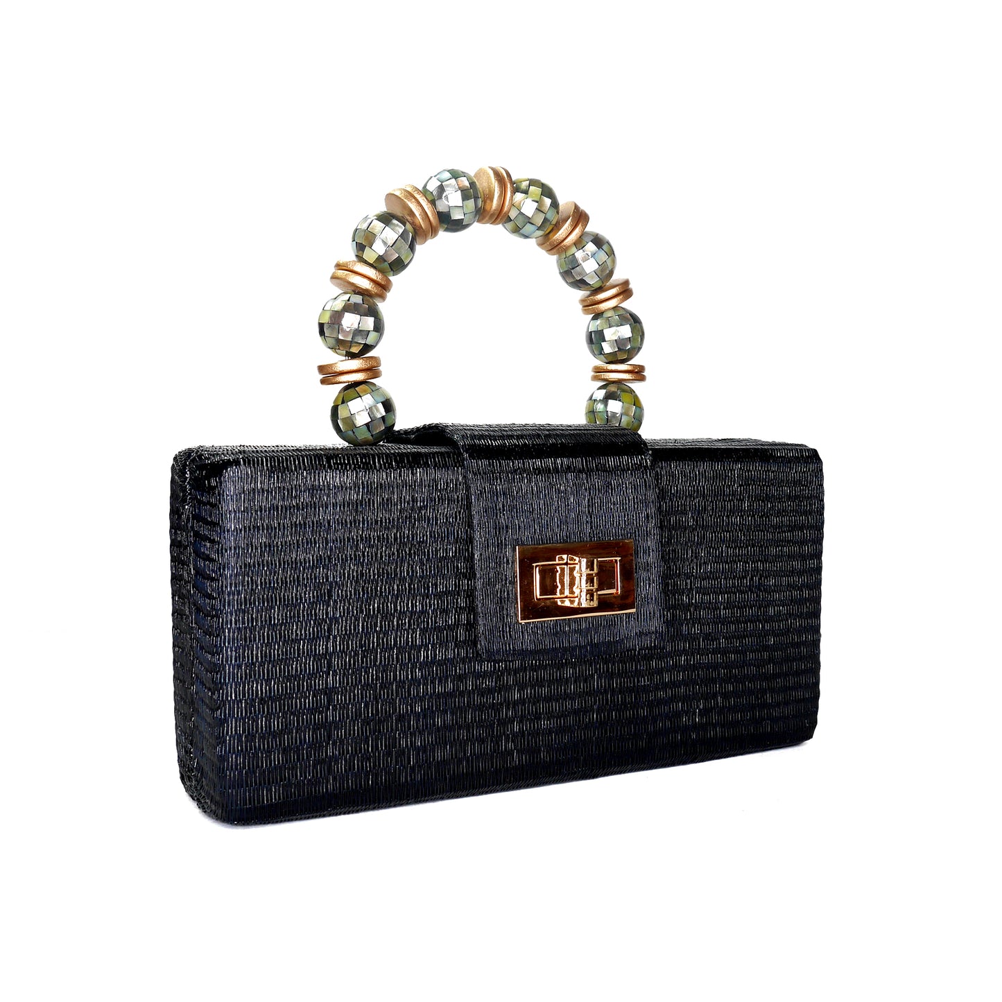THE SERENA Black Clutch with Shell Inlay Bead Handle