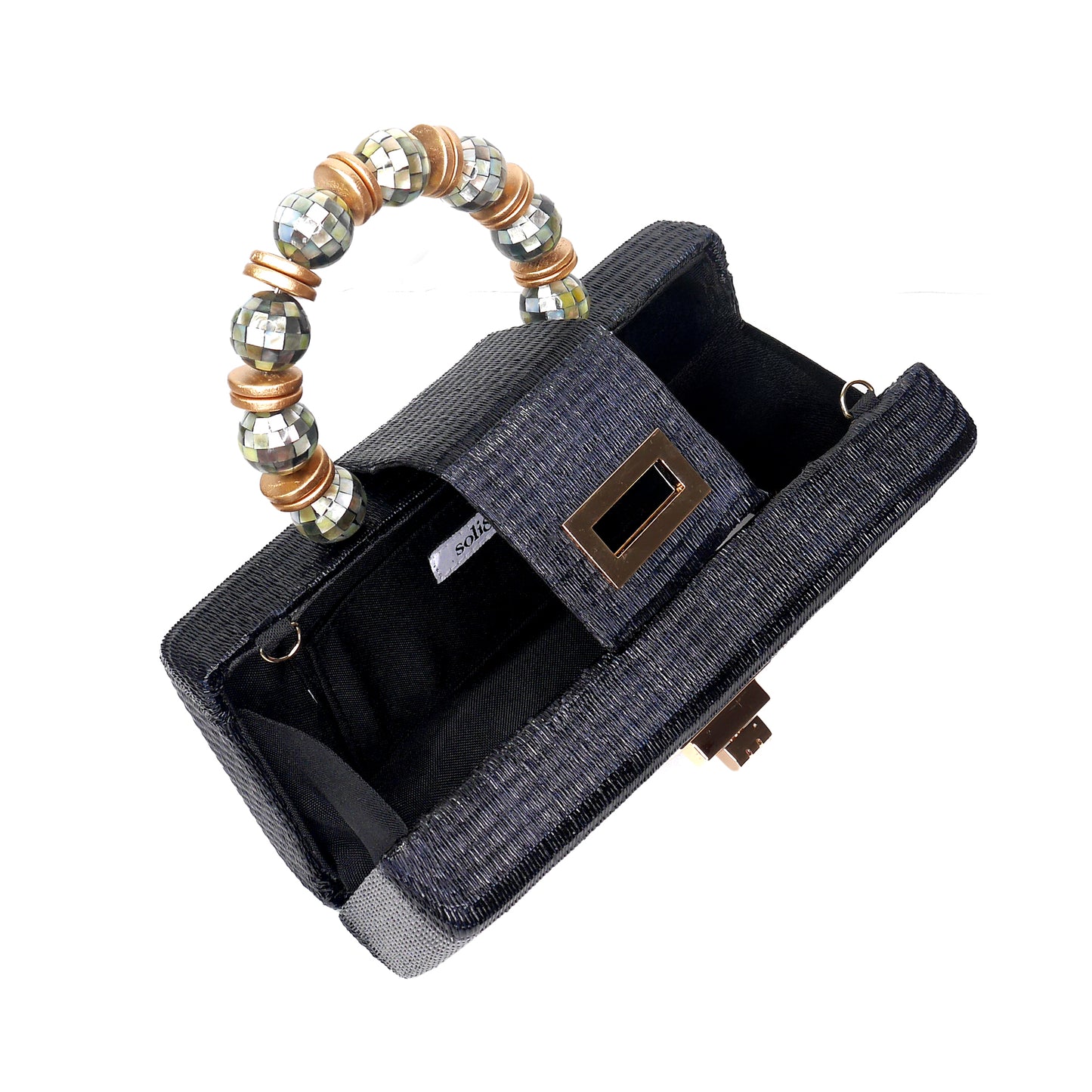THE SERENA Black Clutch with Shell Inlay Bead Handle