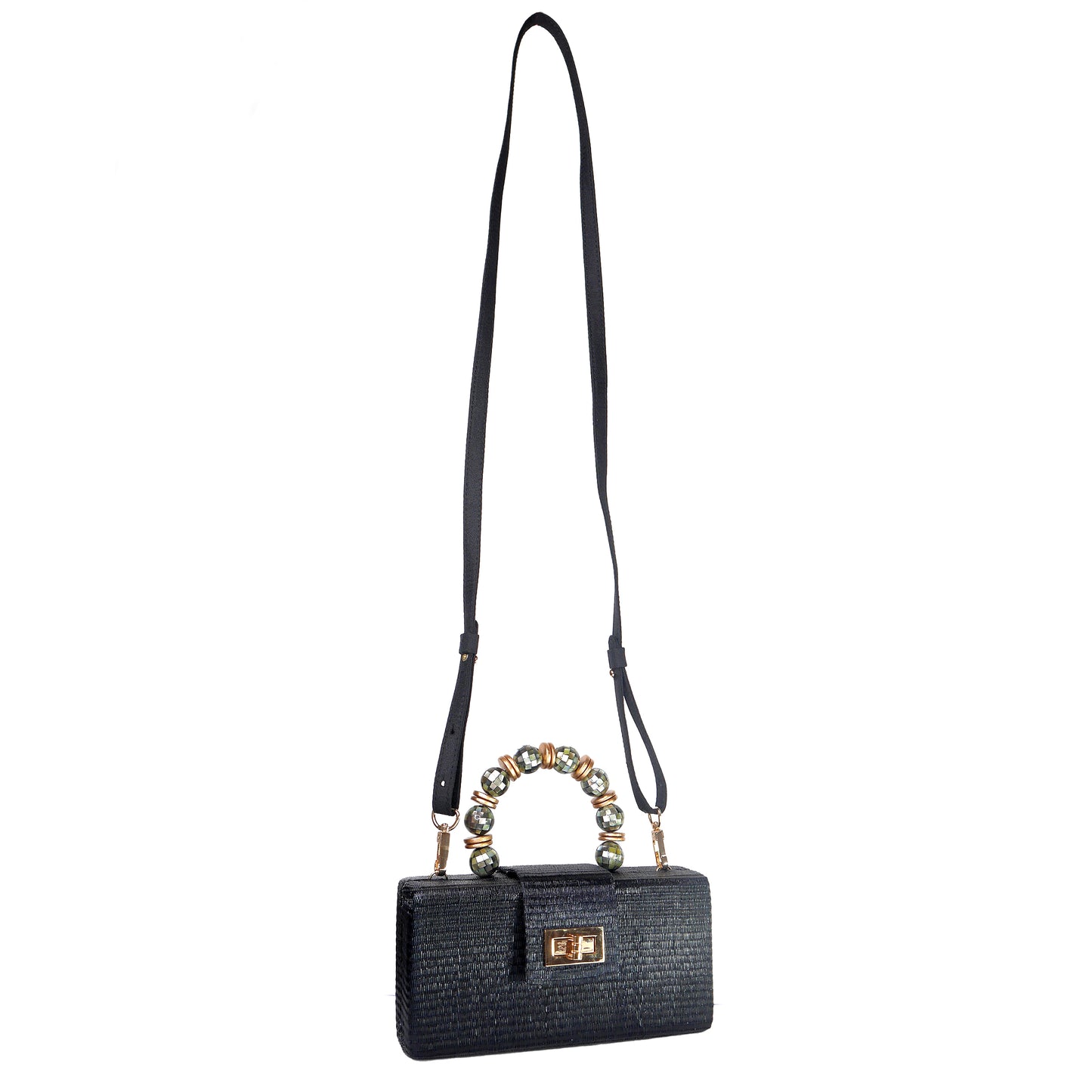 THE SERENA Black Clutch with Shell Inlay Bead Handle