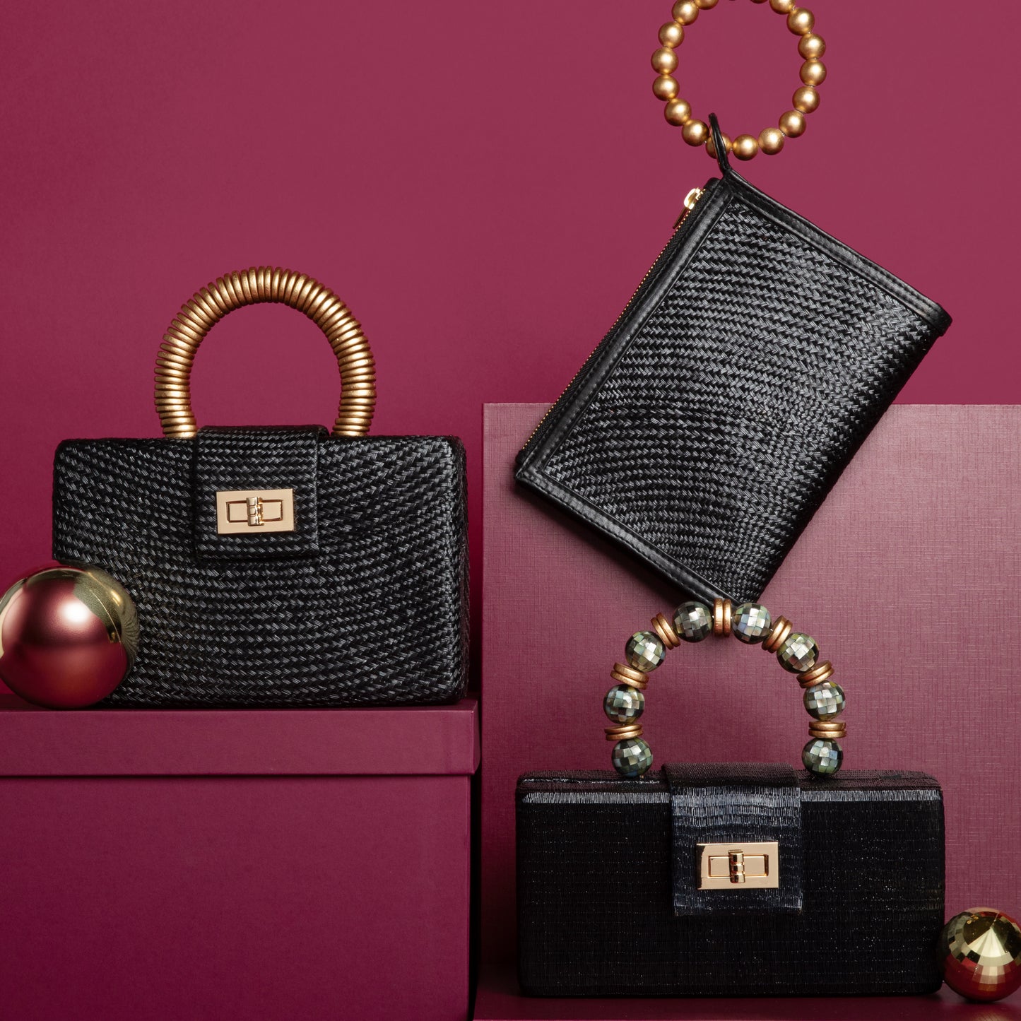 THE SERENA Black Clutch with Shell Inlay Bead Handle