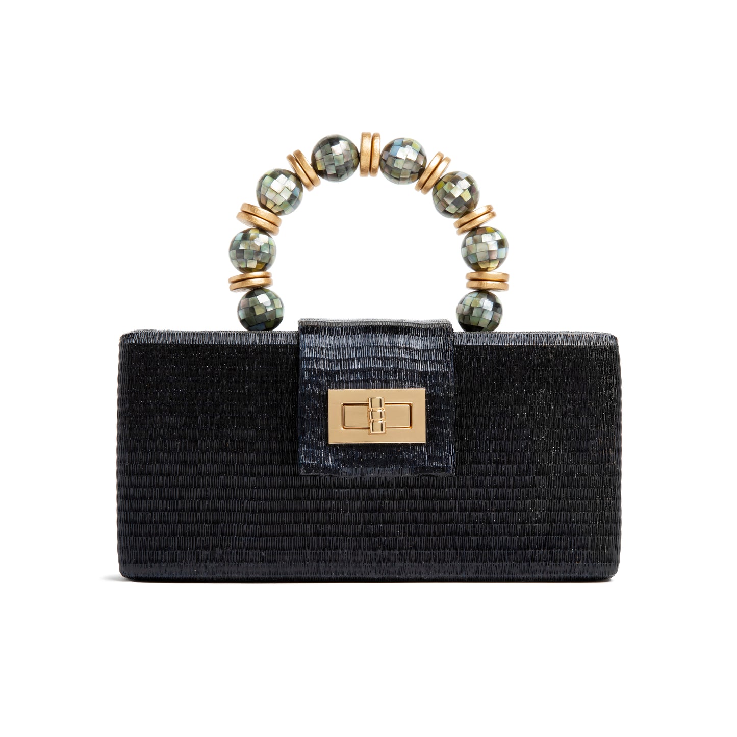 THE SERENA Black Clutch with Shell Inlay Bead Handle