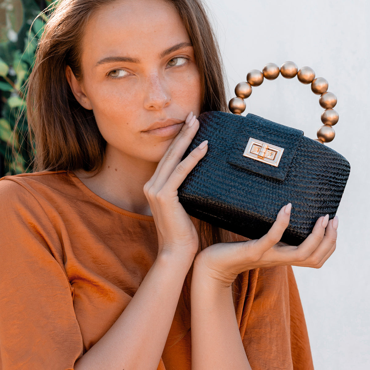 THE OLIVIA — Black & Gold Woven Straw Top-Handle Bag with Beaded Handle