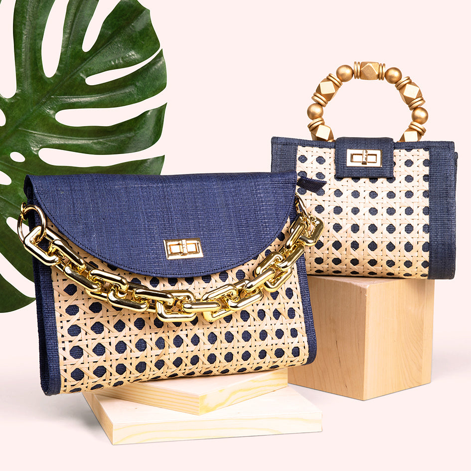 THE MILA Navy Blue & Gold Rattan Woven Handbag