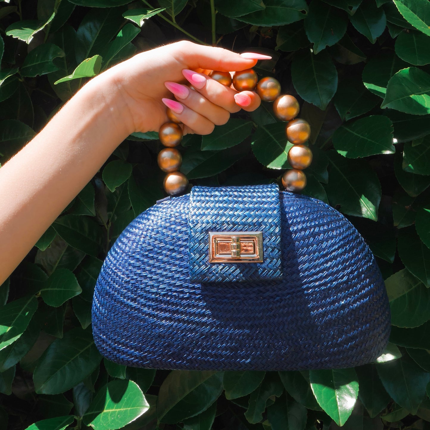 THE ORLA Navy Blue Woven Straw & Gold Bead Statement Clutch Bag