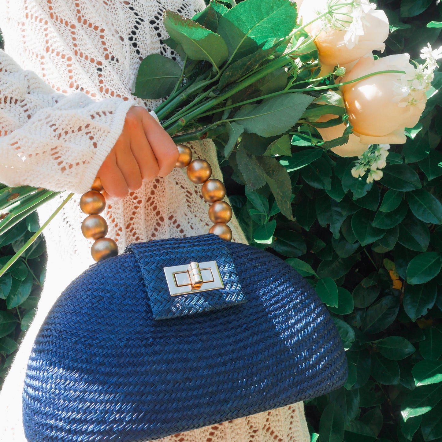 THE ORLA Navy Blue Woven Straw & Gold Bead Statement Clutch Bag