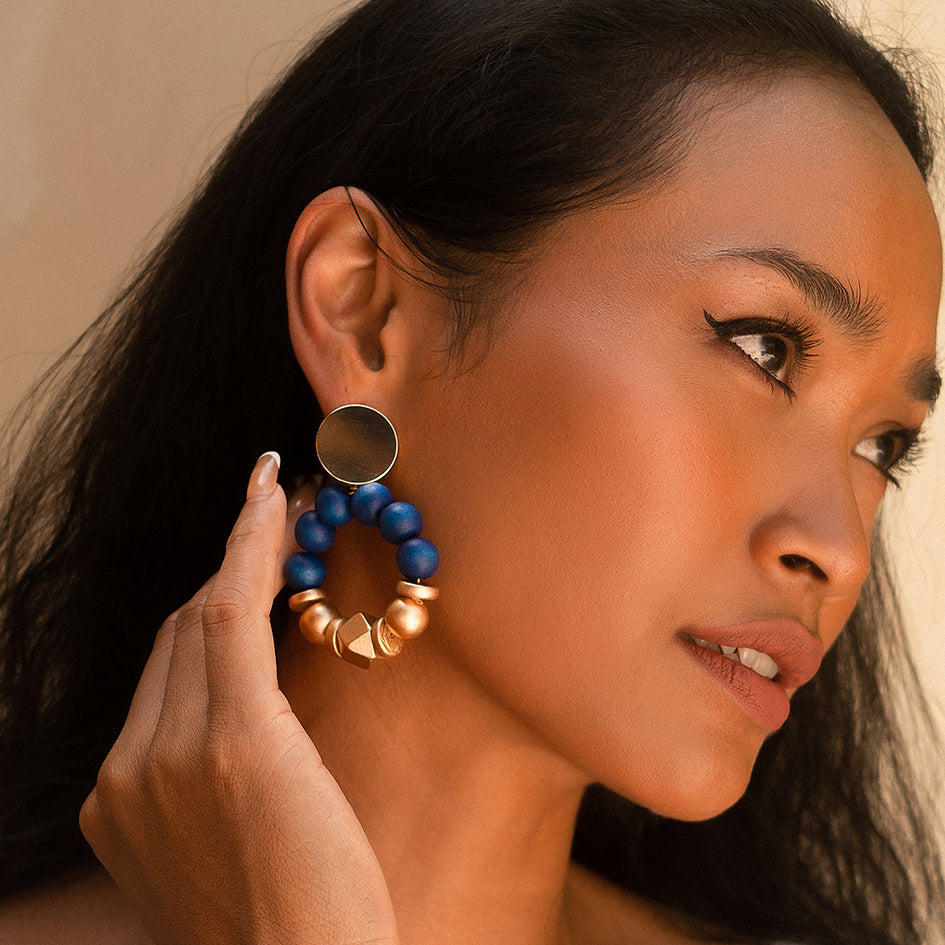 THE SASHA Blue & Gold Wooden Bead Statement Earrings