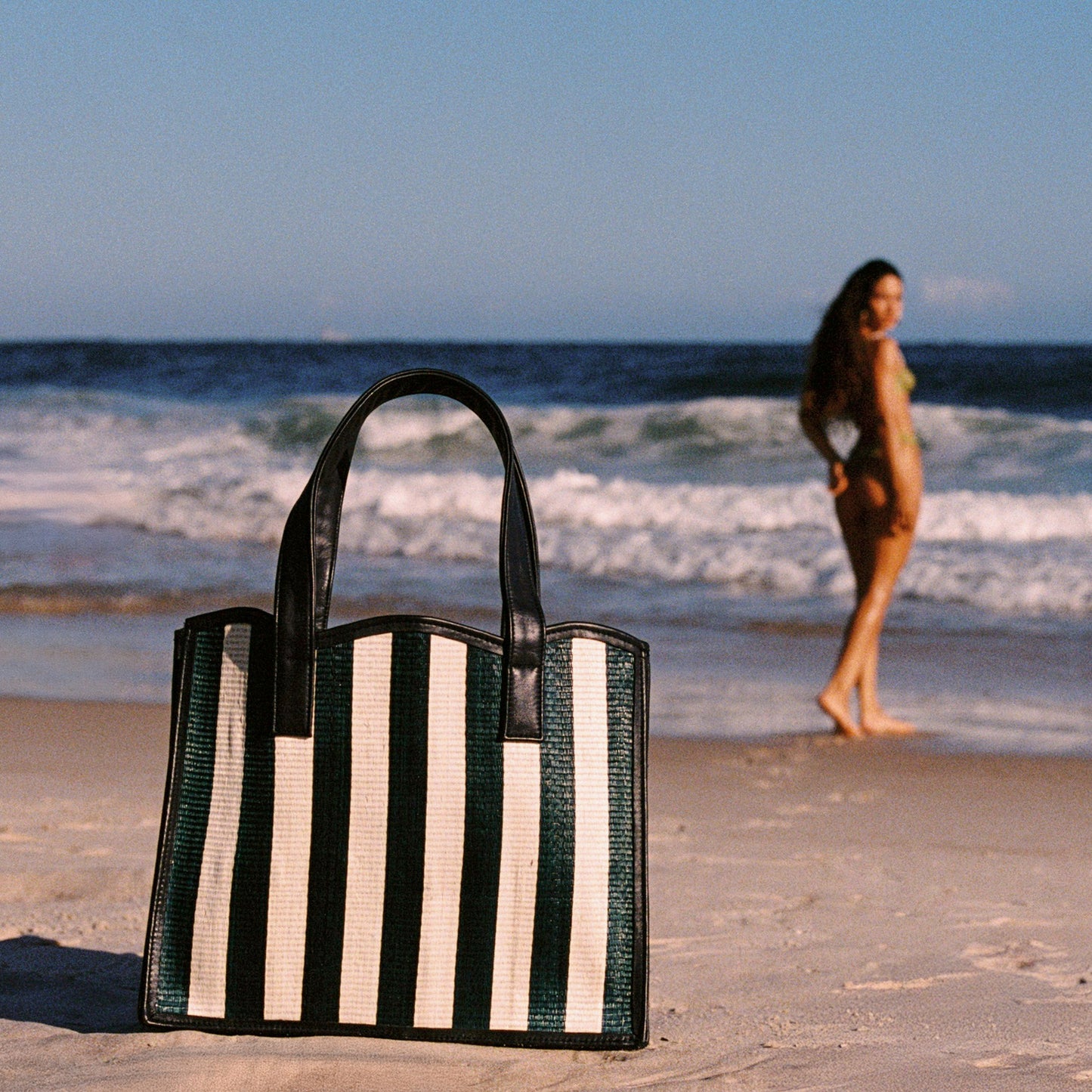 THE MARA Navy Blue & Cream Woven Straw & Leather Shopper Tote Bag