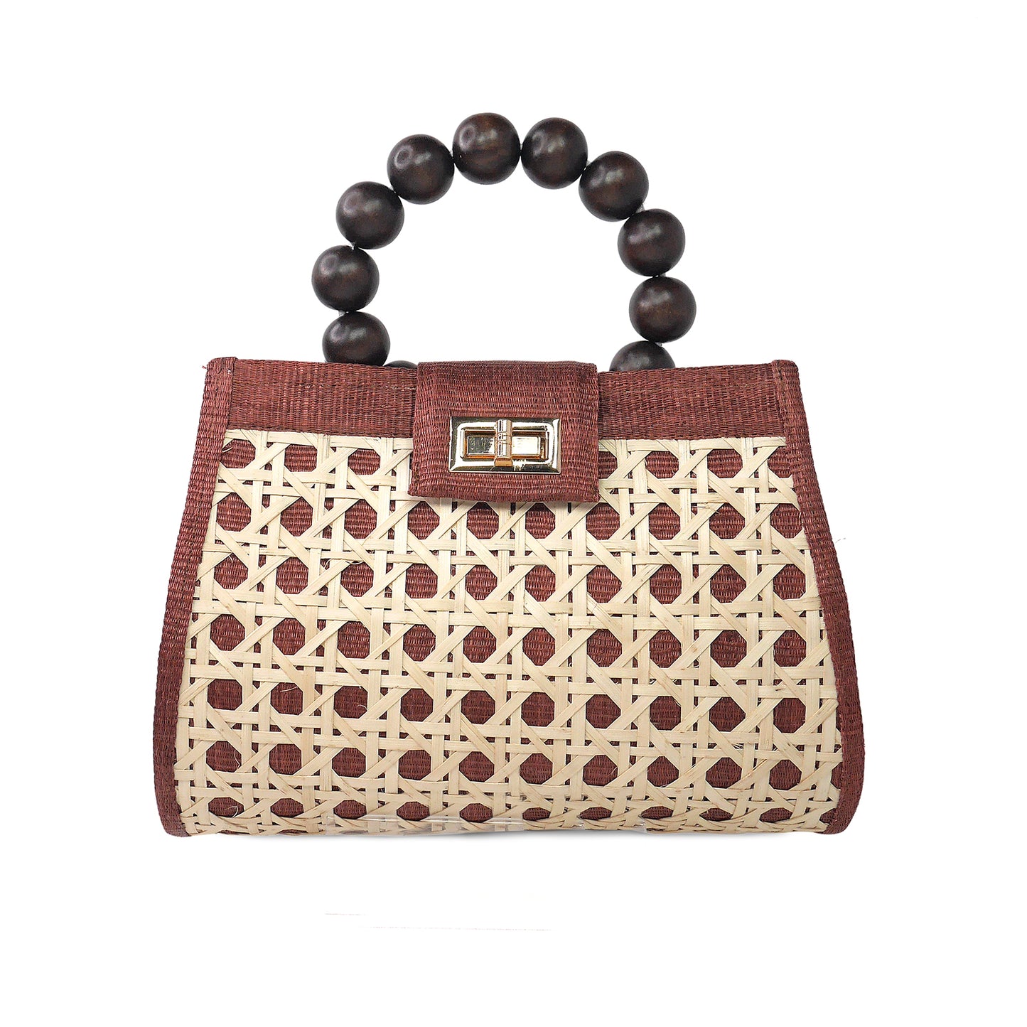 THE LAUREN Brown & Burgundy Rattan Woven Tote Handbag