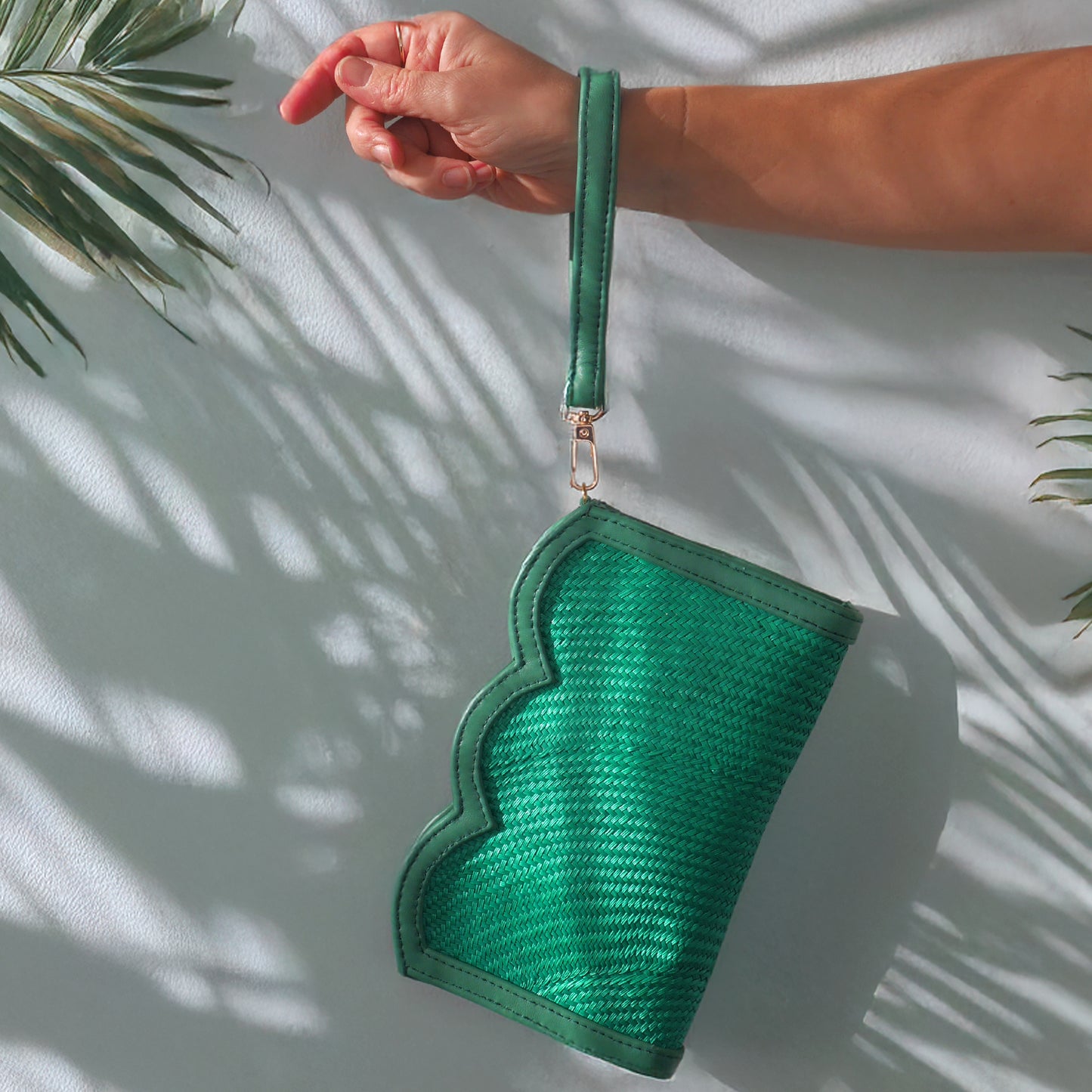 THE CAMILA Green Luxe Woven Scallop Edge Wristlet Pouch