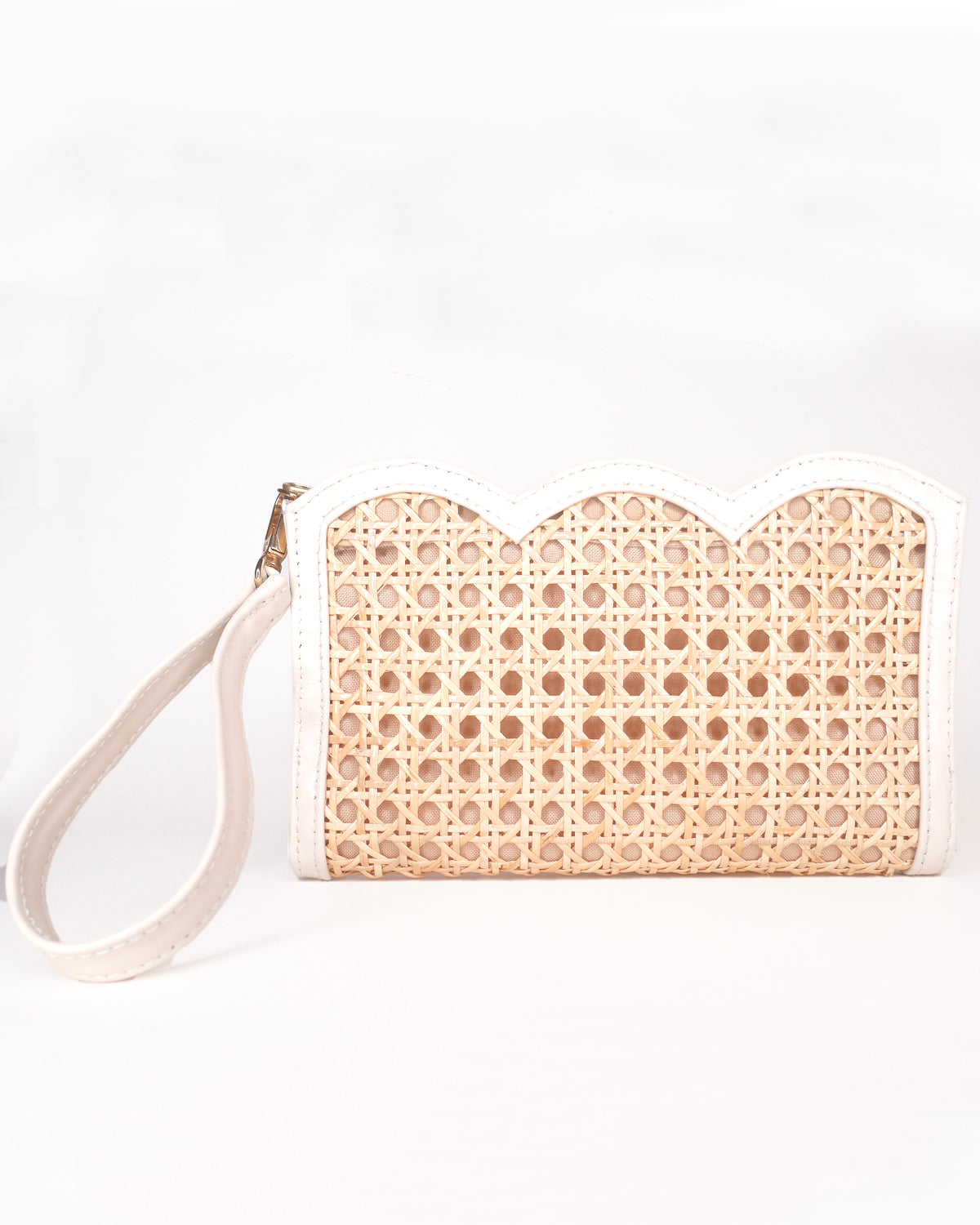 THE CAMILA Rattan & Cream Luxe Woven Scallop Edge Wristlet Pouch
