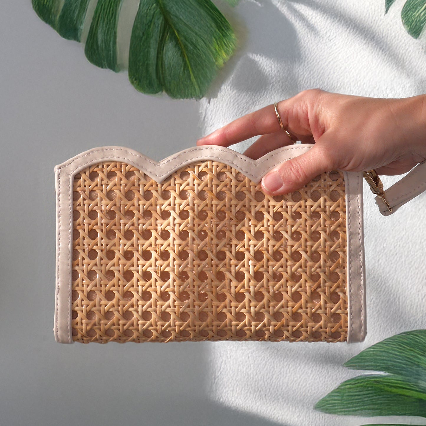 THE CAMILA Rattan & Cream Luxe Woven Scallop Edge Wristlet Pouch