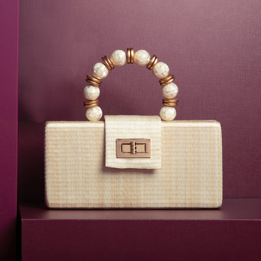 THE SERENA Cream Clutch with Shell Inlay Bead Handle