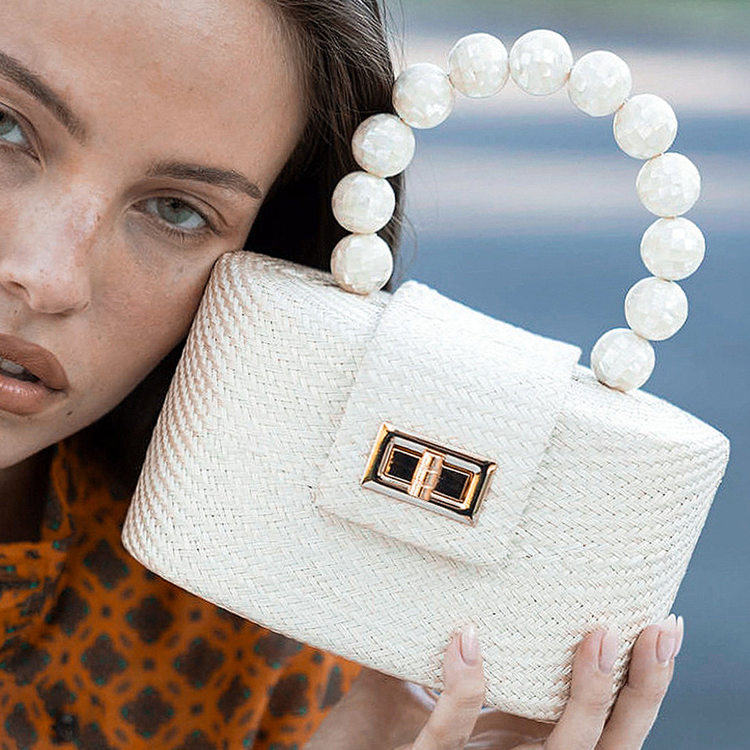 THE OLIVIA — Cream Woven Straw Top-Handle Bag with Mother of Pearl Handle