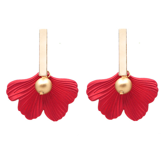 THE DAPHNE Gold Bar & Red Ginkgo Leaf Statement Earrings