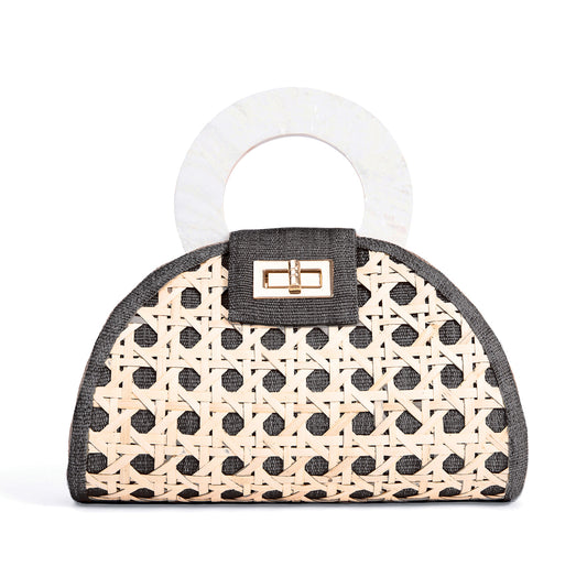 THE RUTHIE Dark Grey & Mother Of Pearl Rattan Woven Handbag