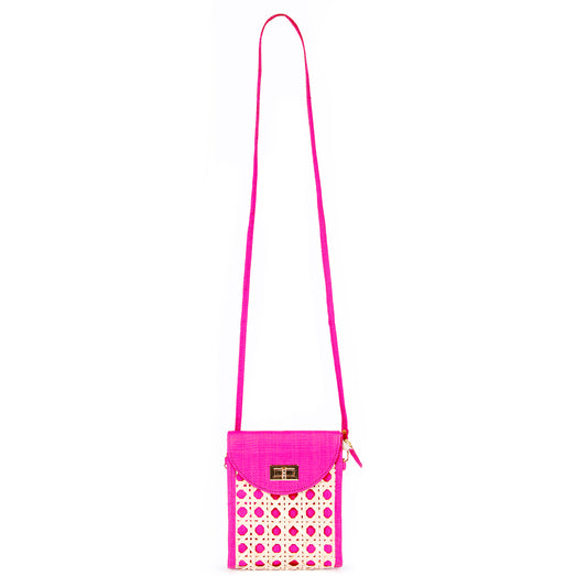 THE ELLIE Pink Rattan Woven Crossbody Bag