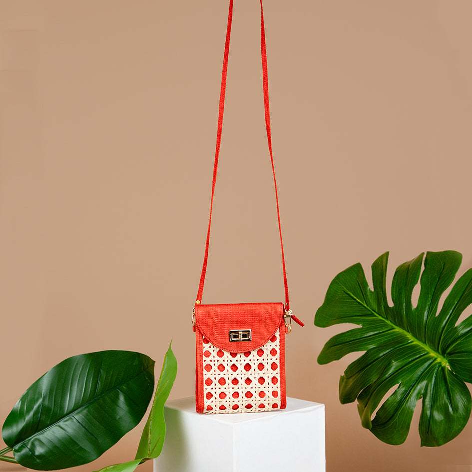 THE ELLIE Red Rattan Woven Crossbody Bag