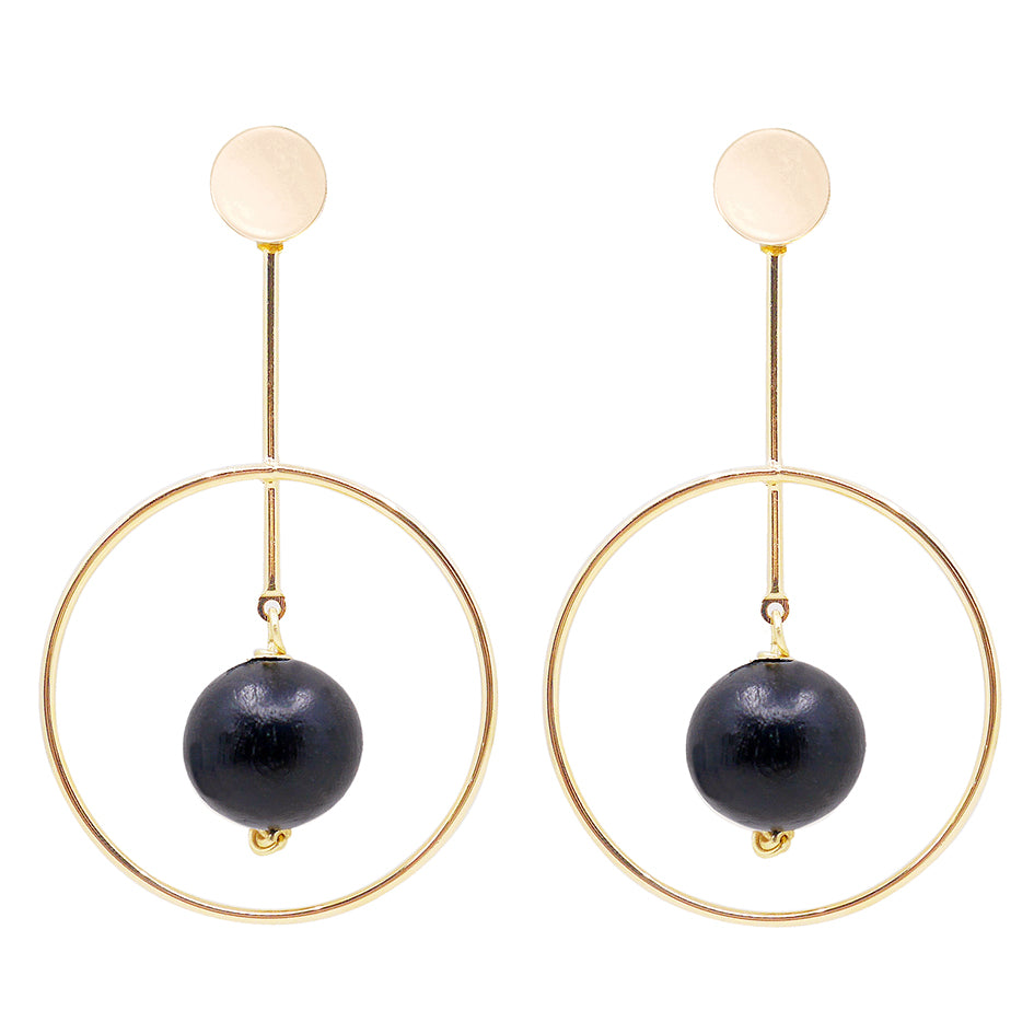 THE GEORGINA Black Wooden Bead & Gold Hoop Earrings