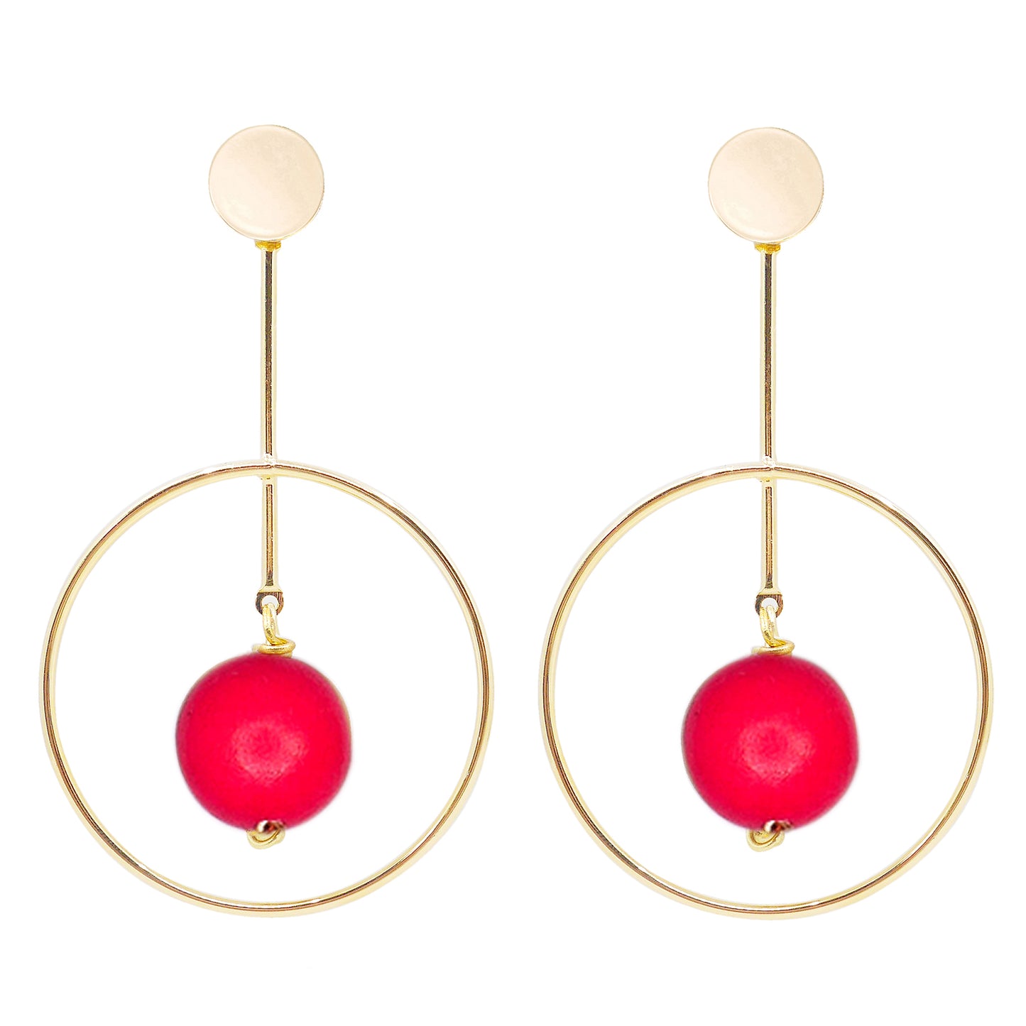 THE GEORGINA Red Wooden Bead & Gold Hoop Earrings