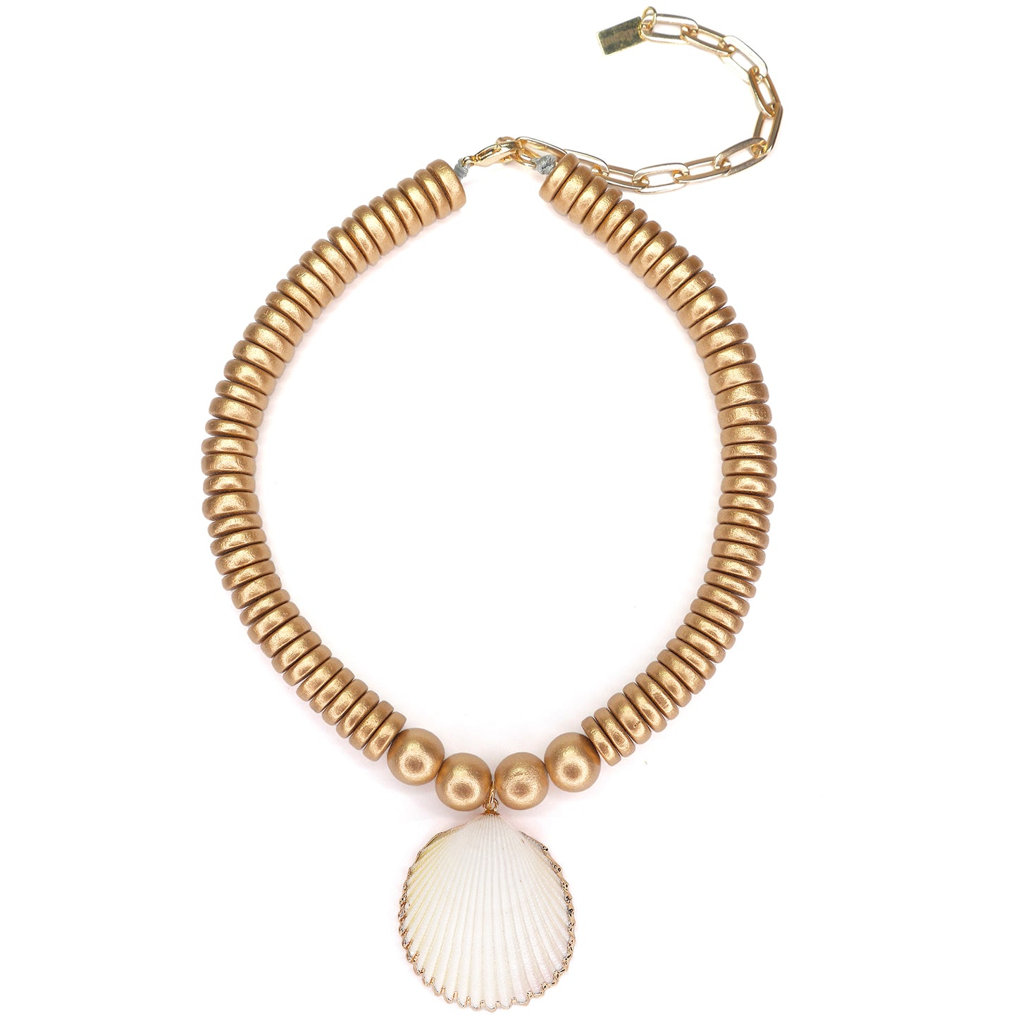 THE CARI Cream Shell Pendant & Gold Wooden Bead Statement Necklace