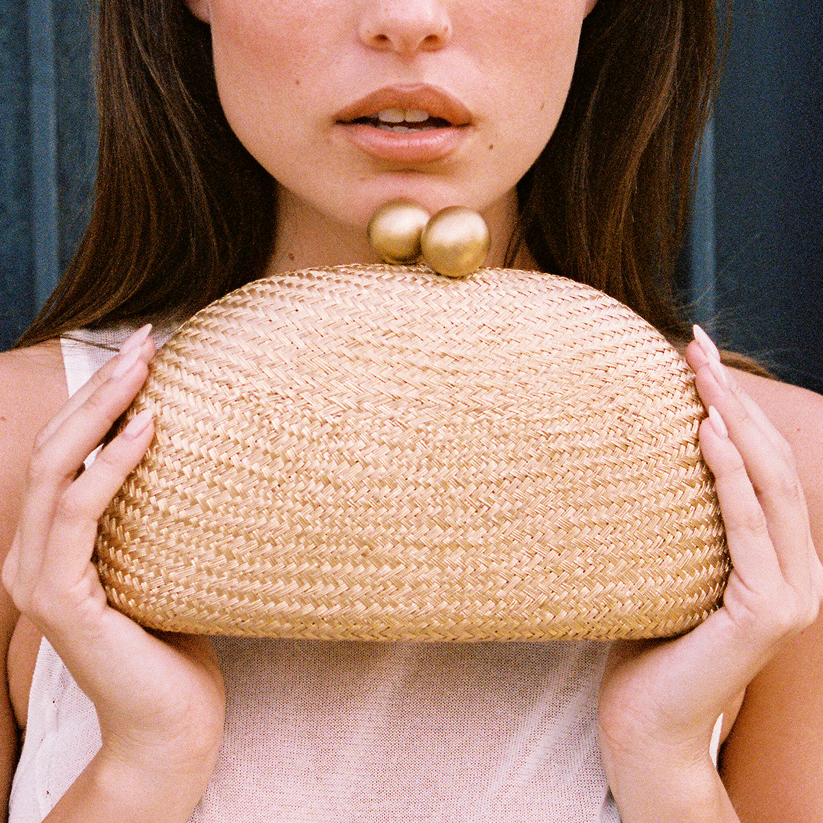 THE HELENA — Gold Woven Straw Clutch with Gold Ball Clasp