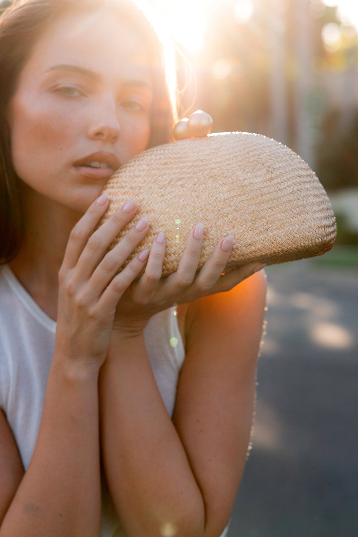 THE HELENA — Gold Woven Straw Clutch with Gold Ball Clasp