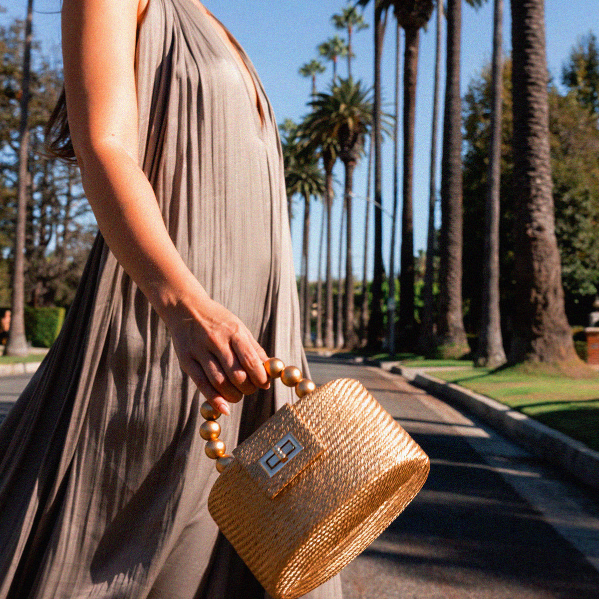 THE OLIVIA — Gold Woven Straw Top-Handle Bag with Beaded Handle
