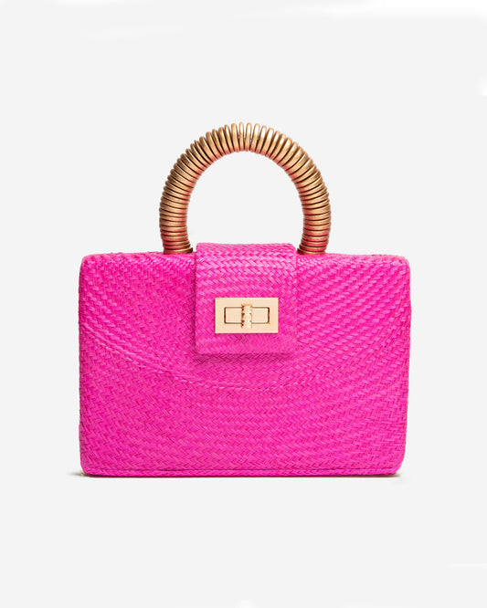 THE GRACIE Pink & Gold Woven Buntal Straw Clutch Bag