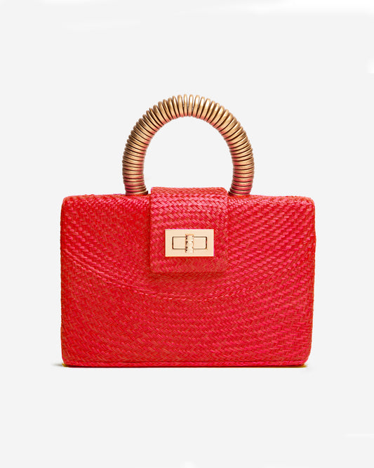 THE GRACIE Red & Gold Woven Buntal Straw Clutch Bag