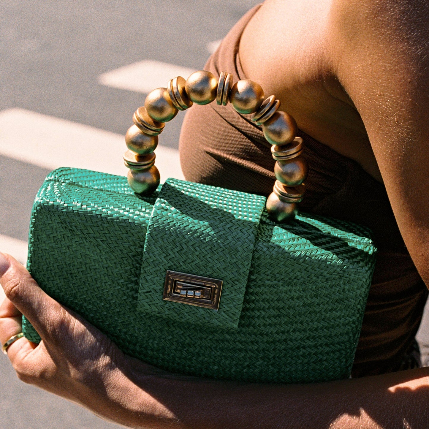 THE SERENA Green Woven Straw Clutch Bag