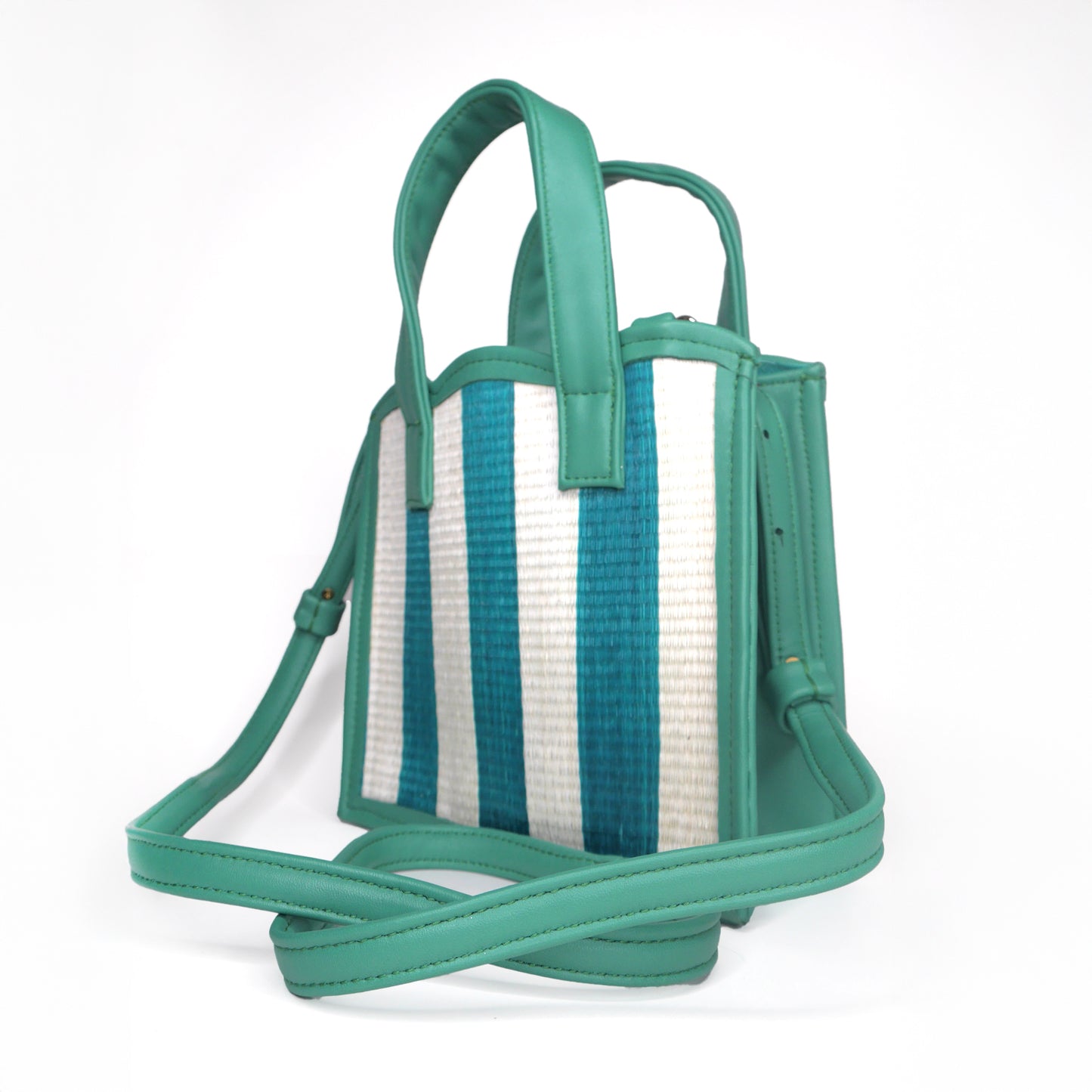 THE Nina Green & Cream Woven Straw & Leather Small Shopper Tote Bag