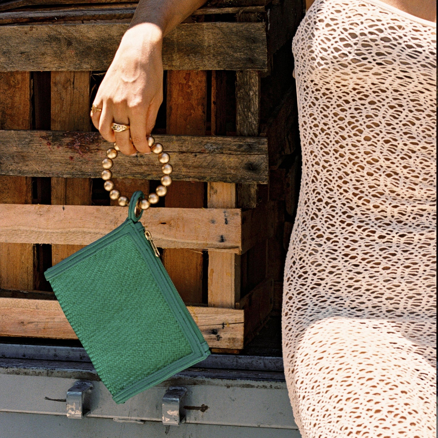 THE SADIE Green Luxe Woven Wristlet Pouch