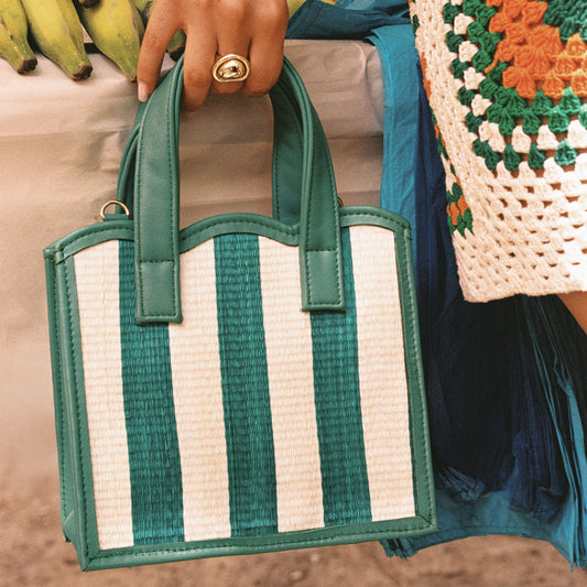 THE Nina Green & Cream Woven Straw & Leather Small Shopper Tote Bag