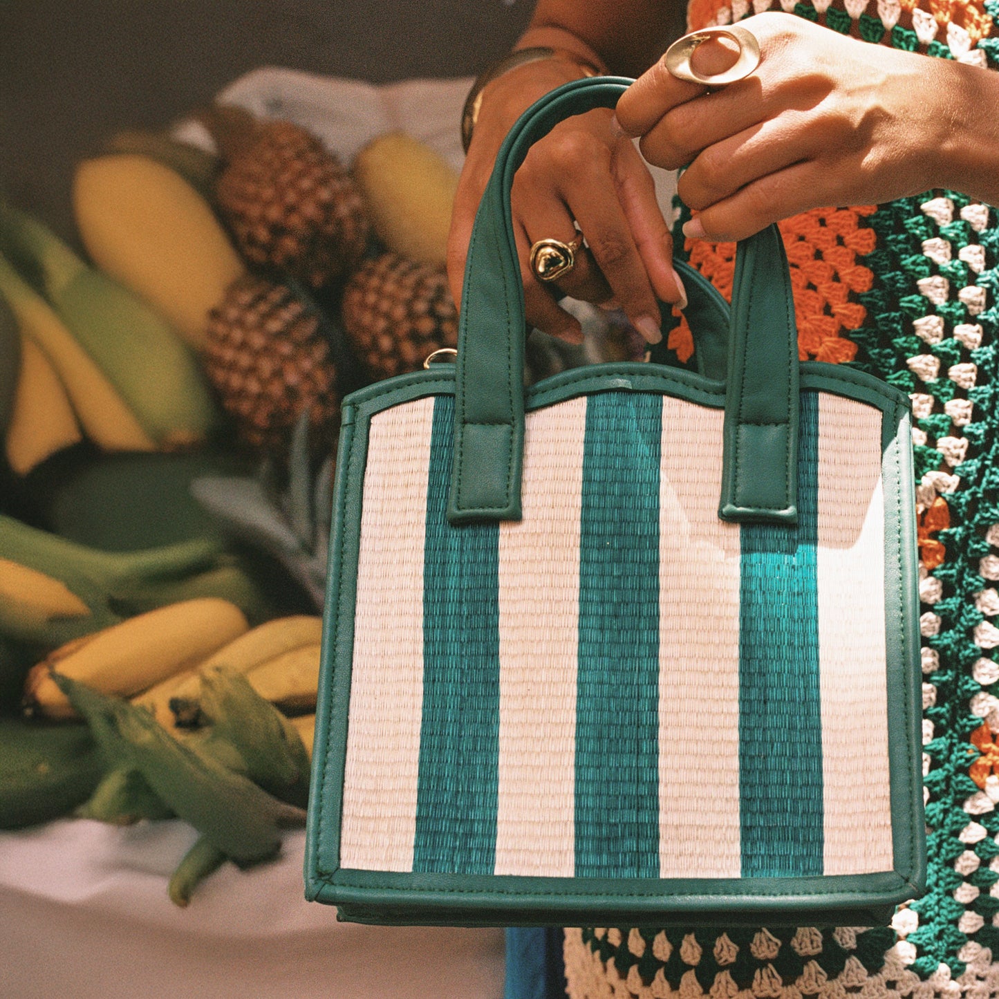 THE Nina Green & Cream Woven Straw & Leather Small Shopper Tote Bag