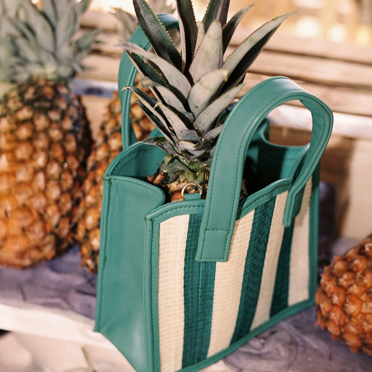 THE Nina Green & Cream Woven Straw & Leather Small Shopper Tote Bag